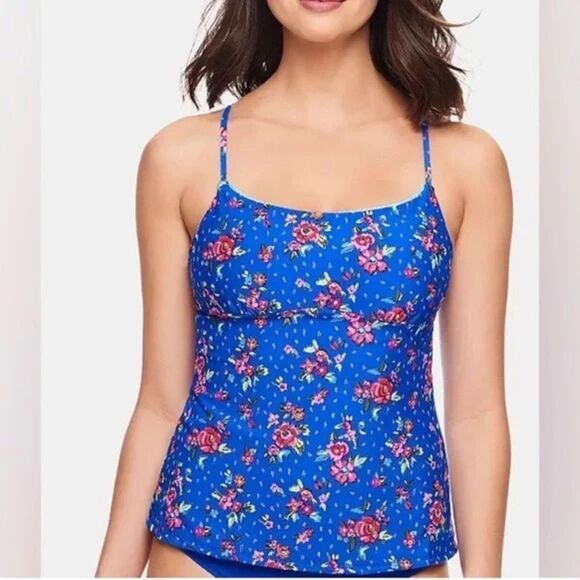 VERA BRADLEY Blue Water Bouquet Reversible Tankini Swim Bikini Top XL 16-18 - Picture 1 of 15